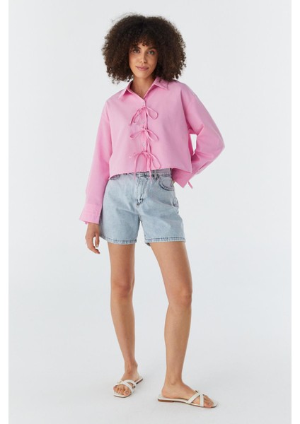 Fiyonk Bağcıklı Crop Gömlek Pembe fırsatları