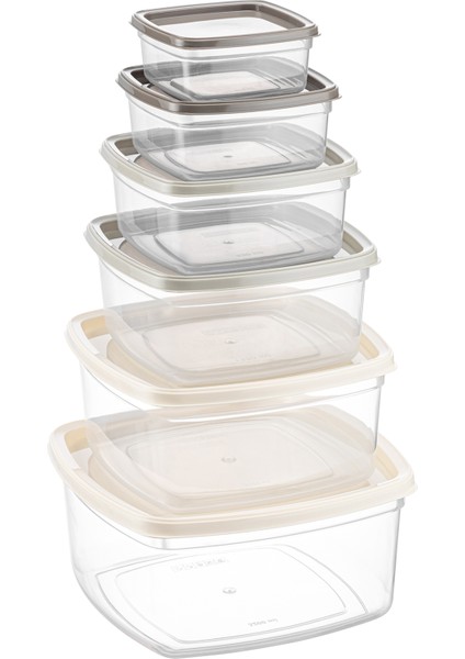 Kare Saklama Kabı Seti – 6 Parça, Farklı Boylarda, Şeffaf, Renkli Kapaklar, Şık Tasarım, Yerden Tasarruf