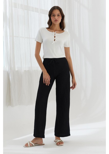 Beli Lastikli Gofre Pantolon Sıyah