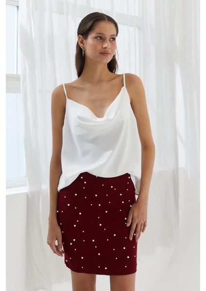 Askılı Degaje Yaka Saten Bluz Ekru