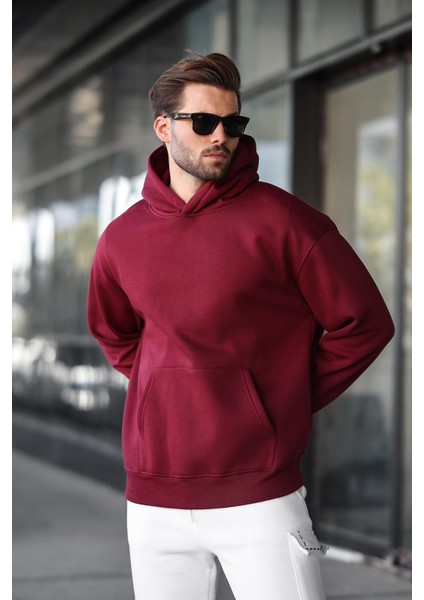 Bordo Kapüşonlu Kanguru Cep Erkek Sweatshirt E7169 fırsatları