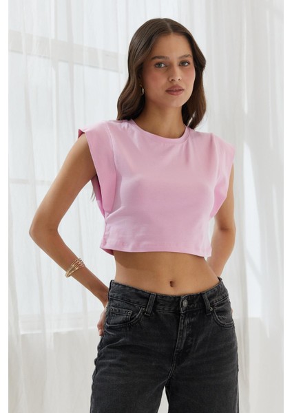 Omzu Vatkalı Crop Bluz Pembe