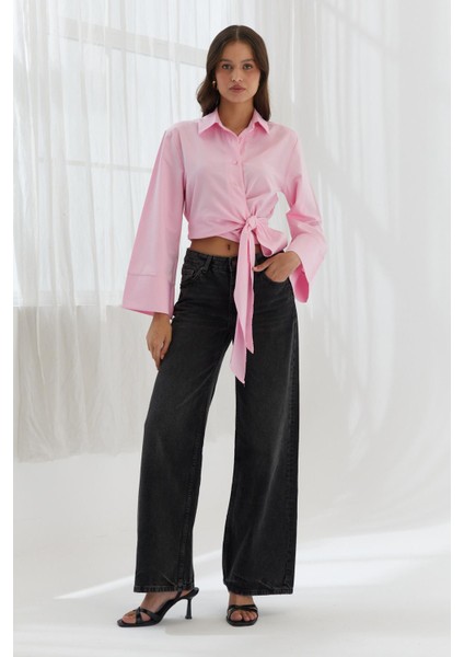 Yan Bağlamalı Crop Gömlek Pembe fırsatları