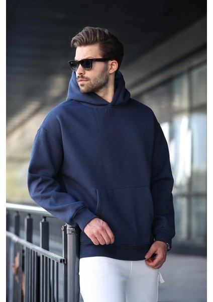 Lacivert Kapüşonlu Kanguru Cep Erkek Sweatshirt E7169 fırsatları