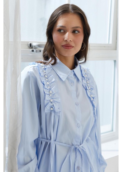 Omzu Fırfırlı Beli Ipli Tunik Gömlek Mavı