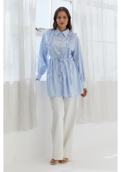 Omzu Fırfırlı Beli Ipli Tunik Gömlek Mavı fiyatları