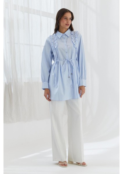 Omzu Fırfırlı Beli Ipli Tunik Gömlek Mavı modelleri