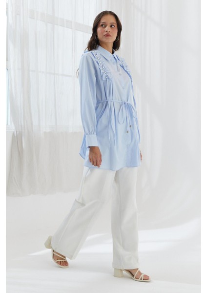 Omzu Fırfırlı Beli Ipli Tunik Gömlek Mavı fırsatları