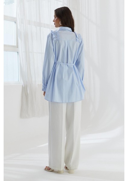 Omzu Fırfırlı Beli Ipli Tunik Gömlek Mavı indirimleri