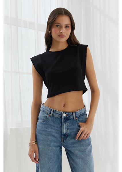 Omzu Vatkalı Crop Bluz Sıyah