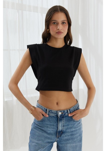 Omzu Vatkalı Crop Bluz Sıyah fiyatları