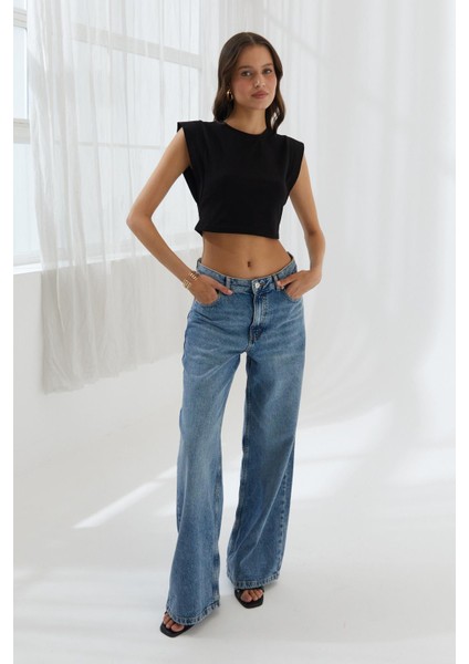 Omzu Vatkalı Crop Bluz Sıyah fırsatları