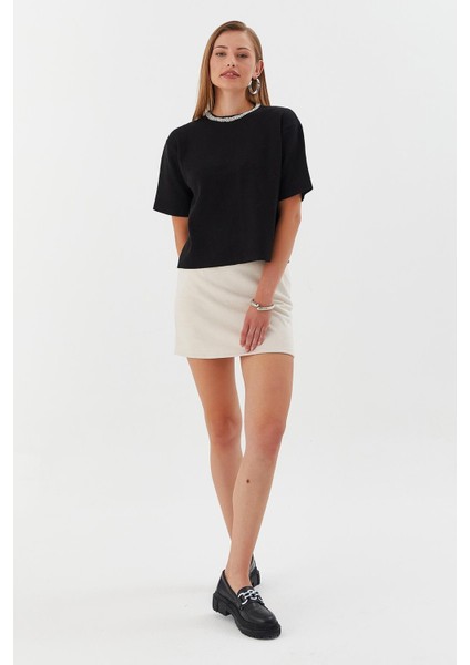 Yakası Taşlı Kısa Kol Triko Kazak Sıyah