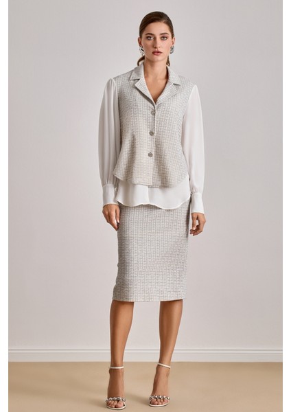 Yandan Cepli Ekru Örme Etek