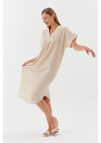 Oversize Keten Elbise Natural