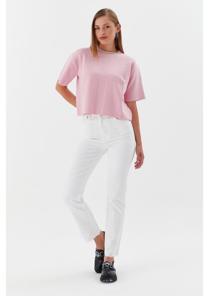 Yakası Taşlı Kısa Kol Triko Kazak Pembe