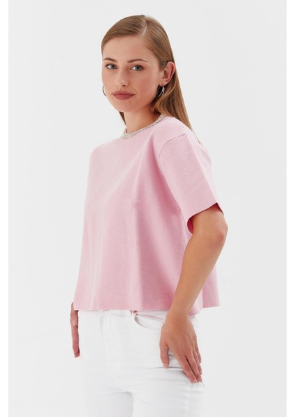 Yakası Taşlı Kısa Kol Triko Kazak Pembe fırsatları