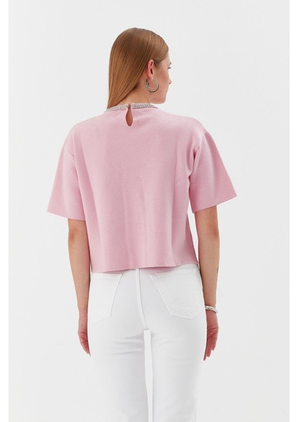Yakası Taşlı Kısa Kol Triko Kazak Pembe indirimleri