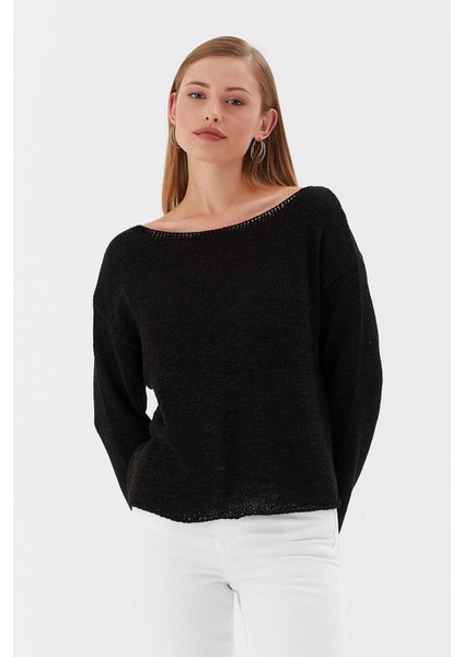 Kayık Yaka Oversize Ince Triko Kazak Sıyah