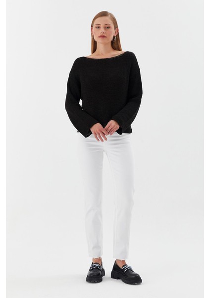 Kayık Yaka Oversize Ince Triko Kazak Sıyah fiyatları