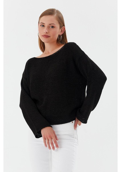 Kayık Yaka Oversize Ince Triko Kazak Sıyah modelleri