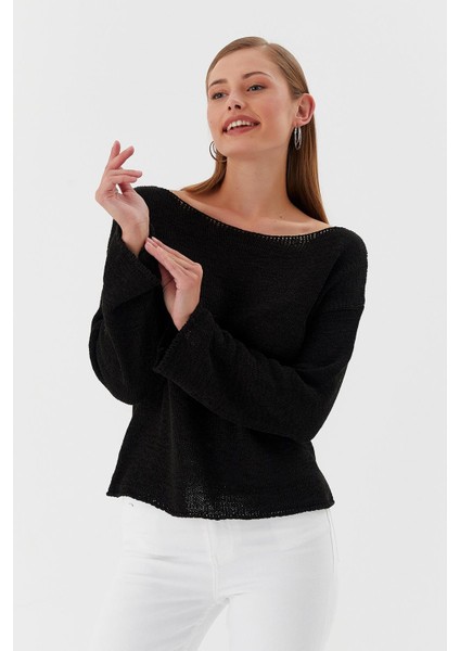 Kayık Yaka Oversize Ince Triko Kazak Sıyah fırsatları