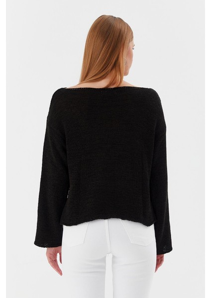 Kayık Yaka Oversize Ince Triko Kazak Sıyah indirimleri