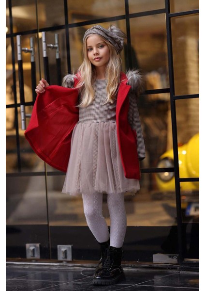 Kız Çocuk Üzeri Kare Desenli Eteği Tüllü Elbise Kürk Detaylı Kolsuz Kırmızı Kaşe