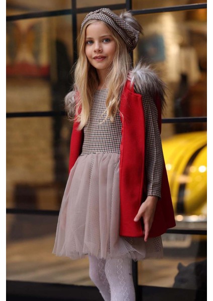 Kız Çocuk Üzeri Kare Desenli Eteği Tüllü Elbise Kürk Detaylı Kolsuz Kırmızı Kaşe fiyatları