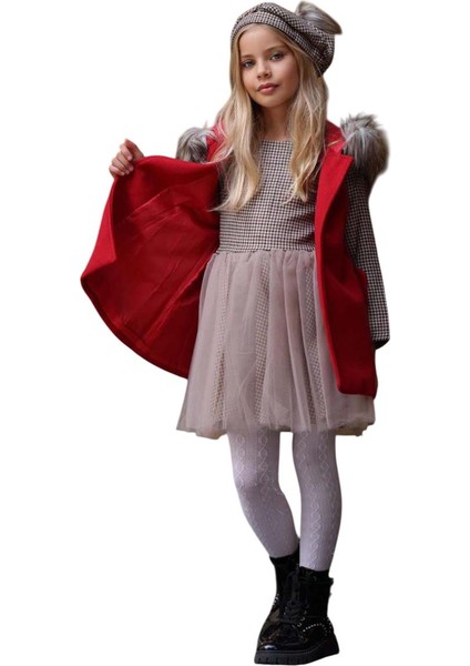 Kız Çocuk Üzeri Kare Desenli Eteği Tüllü Elbise Kürk Detaylı Kolsuz Kırmızı Kaşe fırsatları