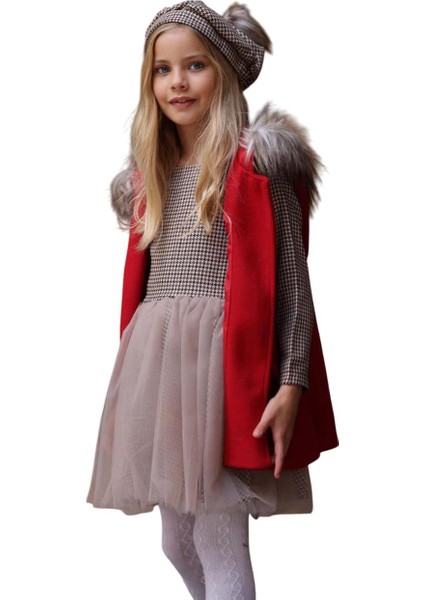 Kız Çocuk Üzeri Kare Desenli Eteği Tüllü Elbise Kürk Detaylı Kolsuz Kırmızı Kaşe indirimleri