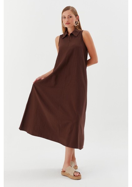 Yakası Fermuarlı Cepli Elbise Kahve modelleri