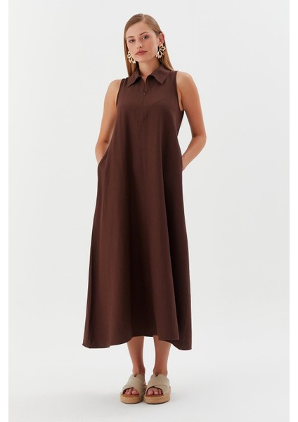 Yakası Fermuarlı Cepli Elbise Kahve fırsatları