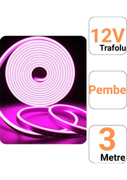 12V 3 Metre Pembe Neon Led Şerit Işık | Prize Tak Çalıştır | Anahtarlı Fişli 1.5M Kablo | Esnek Silikonlu Led fiyatları