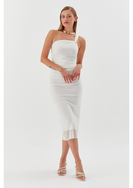 Tek Askılı Tokalı Midi Tül Elbise Beyaz fiyatları