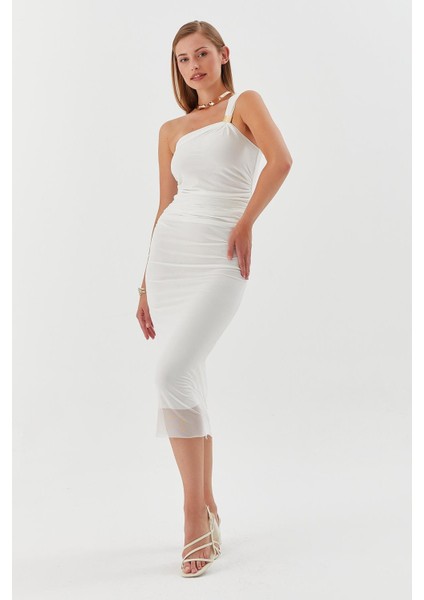 Tek Askılı Tokalı Midi Tül Elbise Beyaz modelleri
