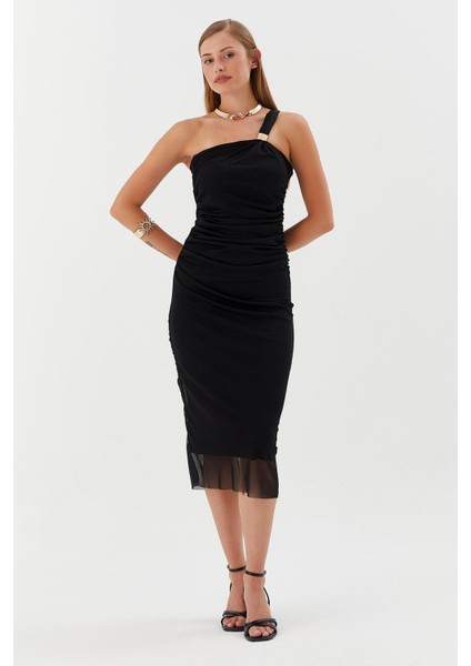 Tek Askılı Tokalı Midi Tül Elbise Sıyah