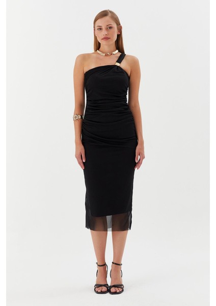 Tek Askılı Tokalı Midi Tül Elbise Sıyah fiyatları