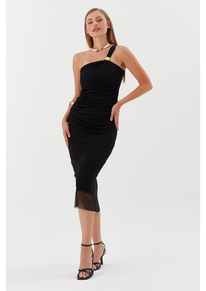 Tek Askılı Tokalı Midi Tül Elbise Sıyah modelleri