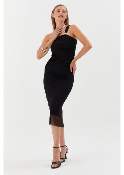 Tek Askılı Tokalı Midi Tül Elbise Sıyah fırsatları