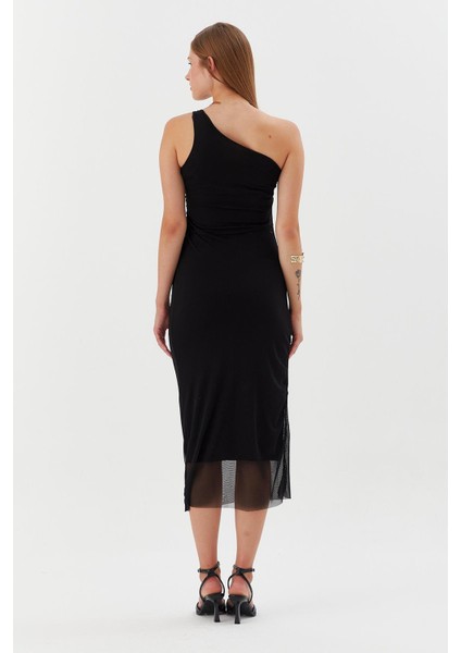 Tek Askılı Tokalı Midi Tül Elbise Sıyah indirimleri