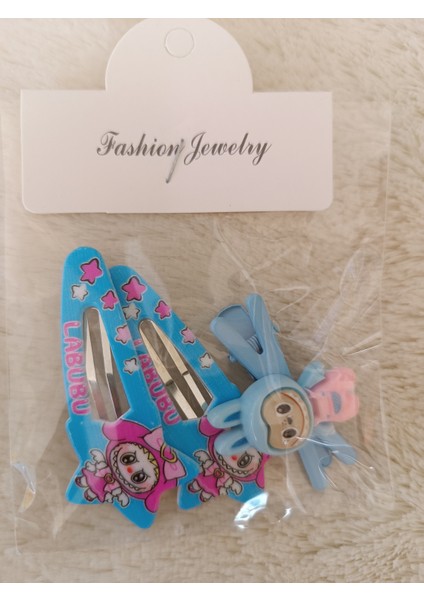 Labubu Figürlü 1 Adet Pens,2 Adet Kayan Yıldız Çıt Çıt Çocuk,bebek Set Toka