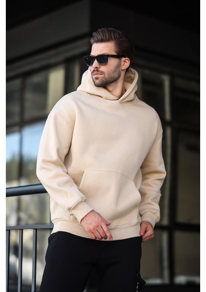 Bej Kapüşonlu Kanguru Cep Erkek Sweatshirt E7169 indirimleri