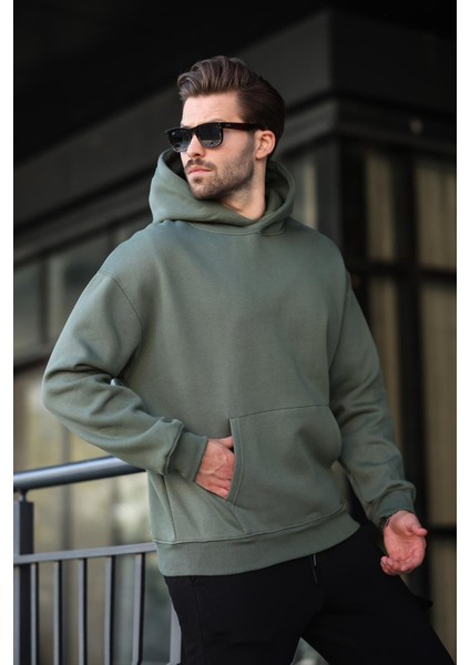 Haki Kapüşonlu Kanguru Cep Erkek Sweatshirt E7169 modelleri