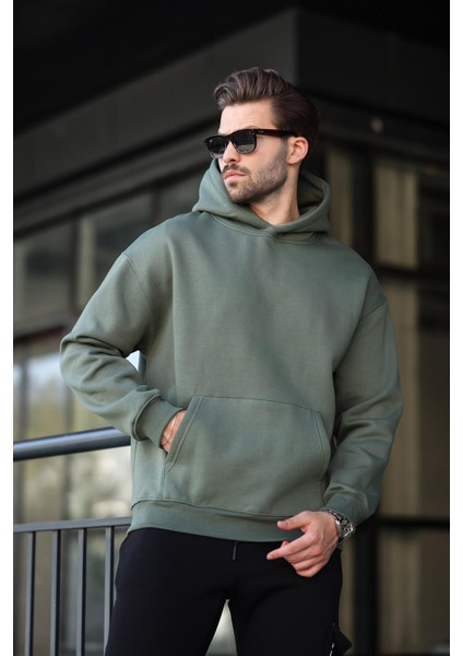 Haki Kapüşonlu Kanguru Cep Erkek Sweatshirt E7169 fırsatları