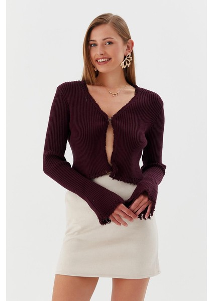 Saçaklı Triko Hırka Bluz Bordo