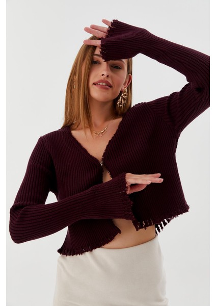 Saçaklı Triko Hırka Bluz Bordo modelleri