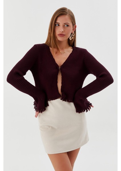 Saçaklı Triko Hırka Bluz Bordo fırsatları