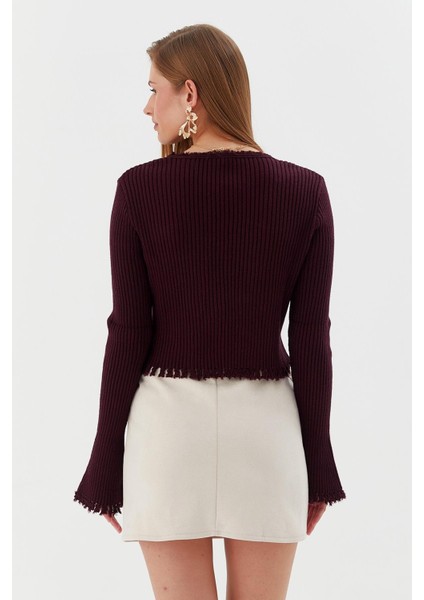 Saçaklı Triko Hırka Bluz Bordo indirimleri