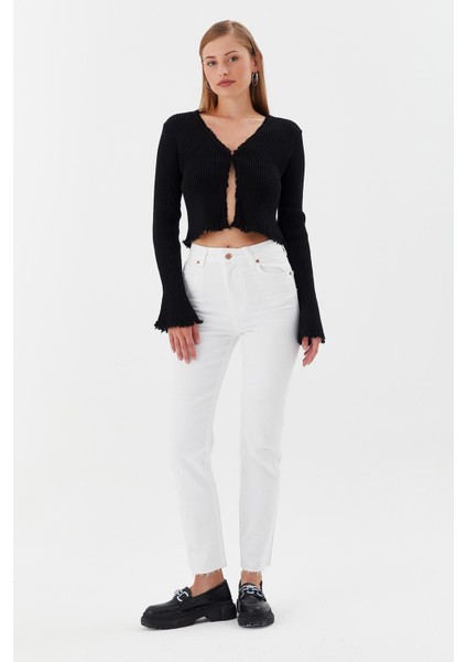 Saçaklı Triko Hırka Bluz Sıyah